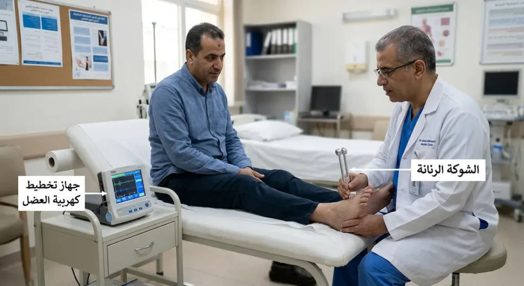 صورة واقعية لطبيب يفحص قدم مريض باستخدام شوكة رنانة معدنية لاختبار الإحساس بالاهتزاز مع وجود جهاز تخطيط كهربية العضل في العيادة