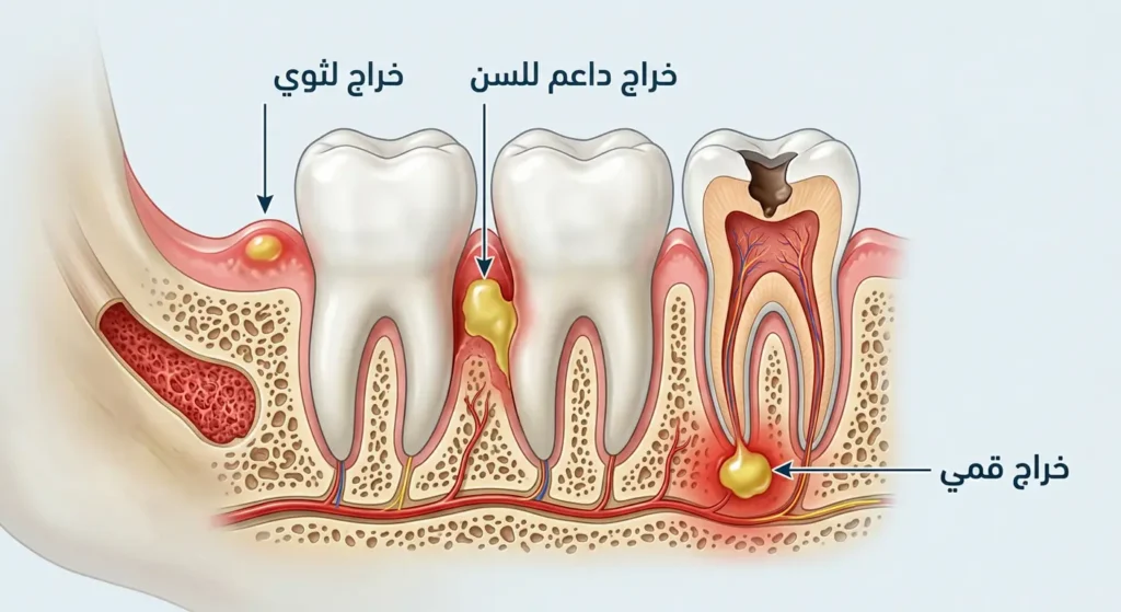 رسم توضيحي يقارن بين الخراج القمي والخراج الداعم للسن والخراج اللثوي