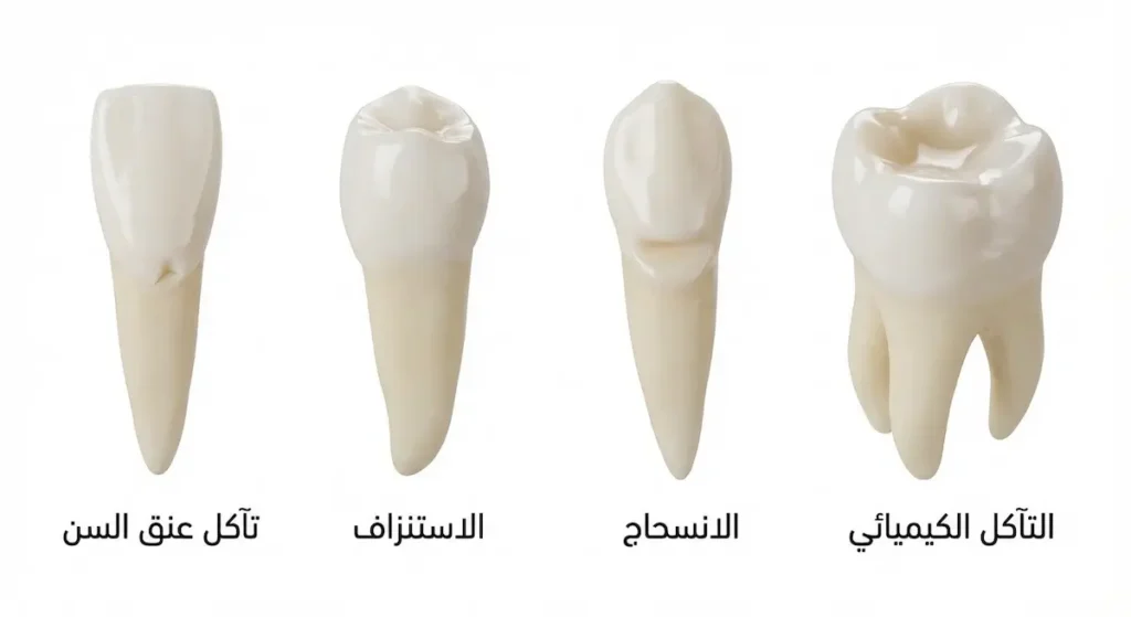  مقارنة بصرية بين أربعة أنواع من فقدان مادة السن: التآكل الكيميائي والانسحاج والاستنزاف وتآكل عنق السن