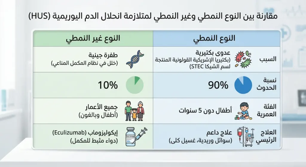جدول مقارنة بين النوع النمطي والنوع غير النمطي لمتلازمة انحلال الدم اليوريمية من حيث السبب والعلاج