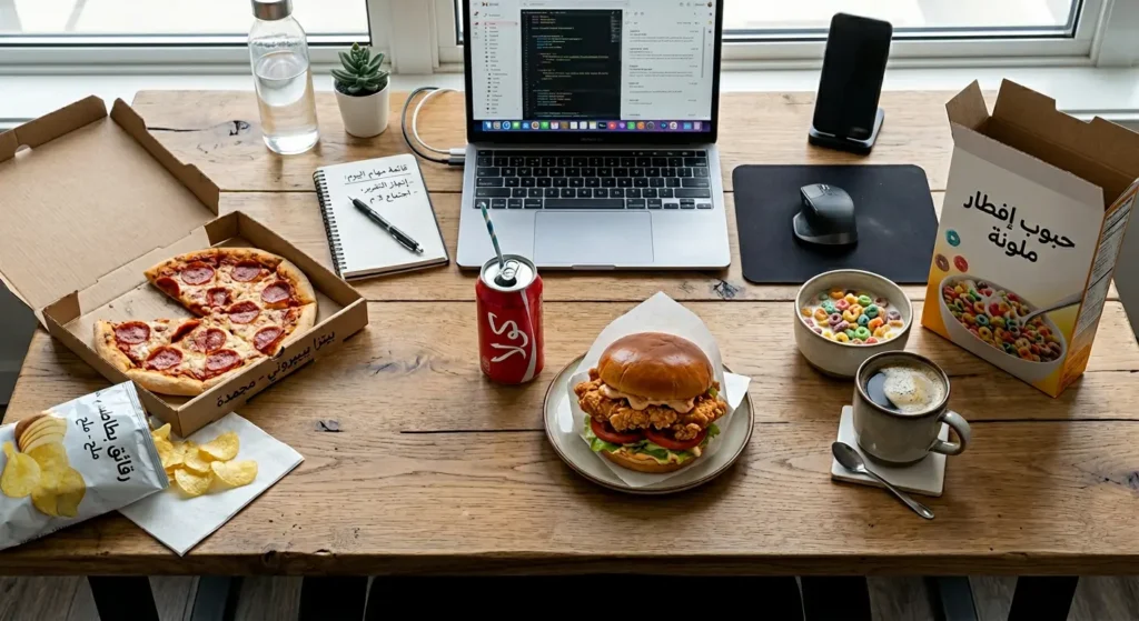  صورة علوية تُظهر وجبات يوم كامل من النظام الغذائي الغربي تشمل حبوب إفطار وساندويتش مقلي وبيتزا مجمدة
