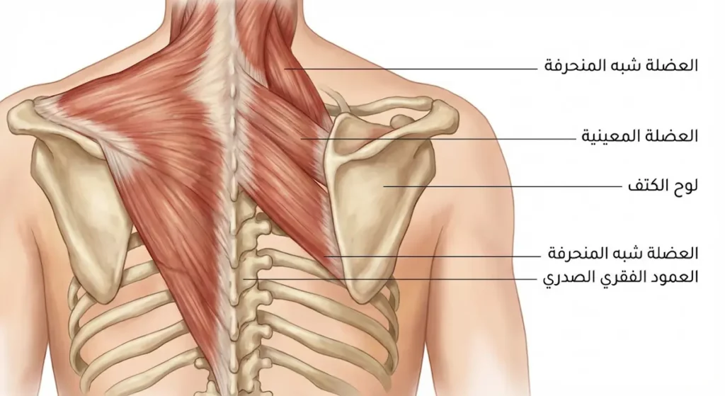 رسم تشريحي يُظهر العمود الفقري الصدري ولوح الكتف والعضلة شبه المنحرفة والعضلة المعينية في منطقة أعلى الظهر