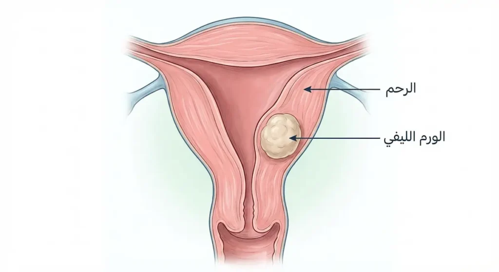 مقطع تشريحي للرحم يُظهر ورماً ليفياً واحداً في جدار الرحم
