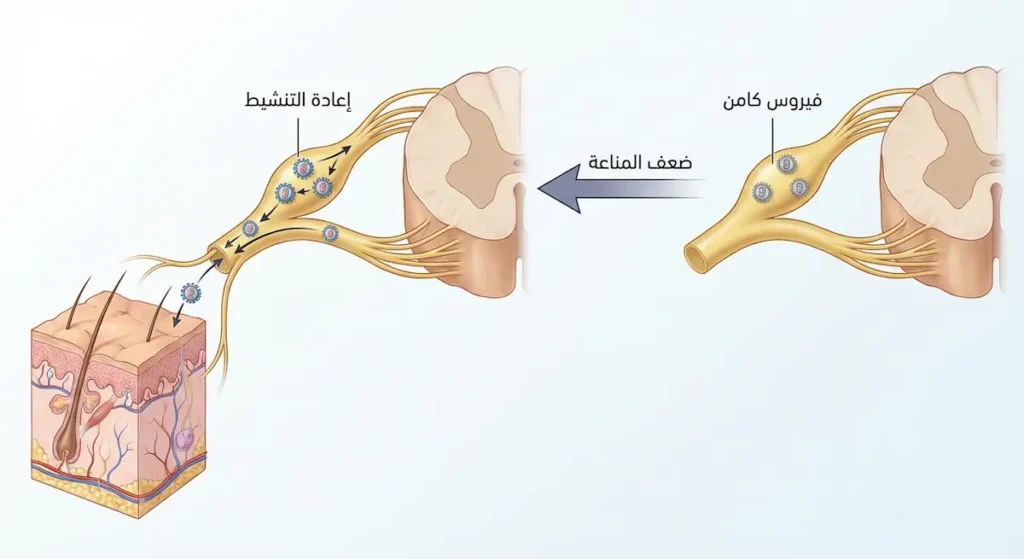 رسم تشريحي يوضح كمون فيروس الحماق النطاقي في العقدة العصبية الحسية ثم إعادة تنشيطه عند ضعف المناعة وانتقاله عبر العصب إلى الجلد