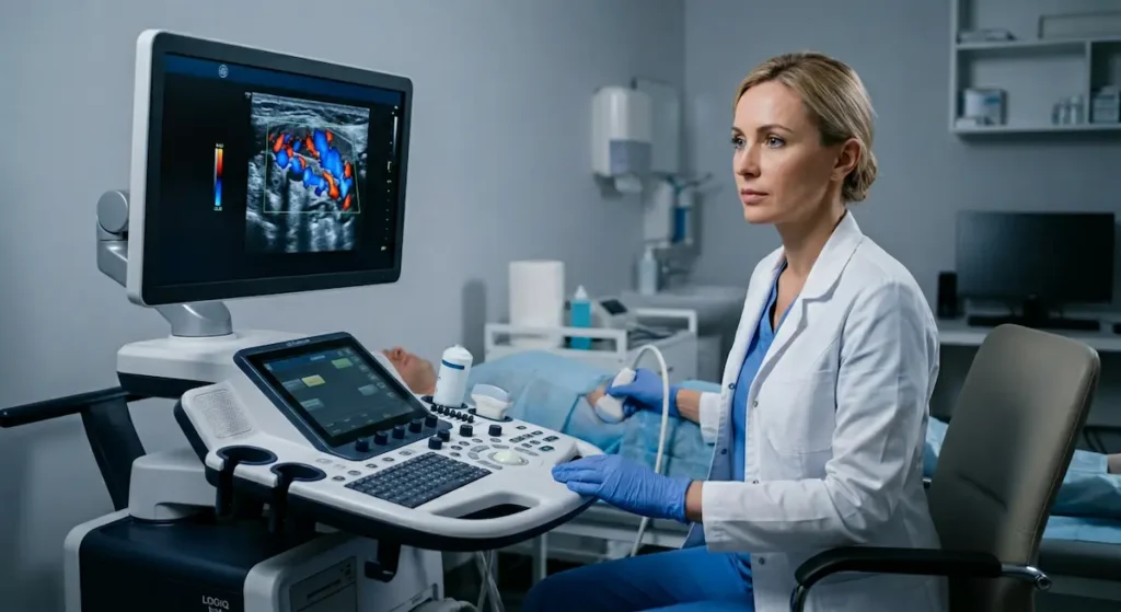  طبيبة أشعة تُجري فحص الدوبلر الملونة لتشخيص دوالي الخصية وتظهر نتائج الفحص على الشاشة