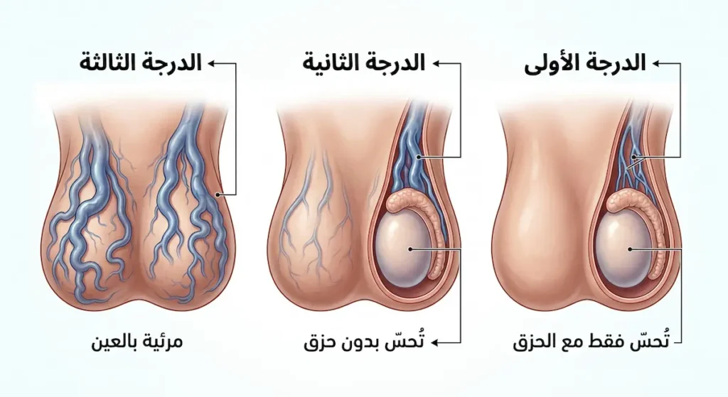  رسم توضيحي يُظهر التصنيف السريري لدرجات دوالي الخصية الثلاث من الأخف إلى الأشد