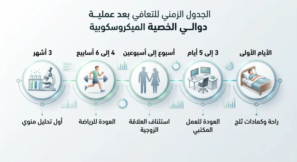 خط زمني يوضح مراحل التعافي بعد عملية دوالي الخصية من الأيام الأولى حتى 3 أشهر