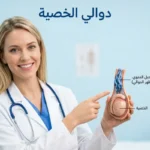 صورة غلاف مقالة دوالي الخصية تظهر طبيبة تحمل نموذجاً تشريحياً توضيحياً