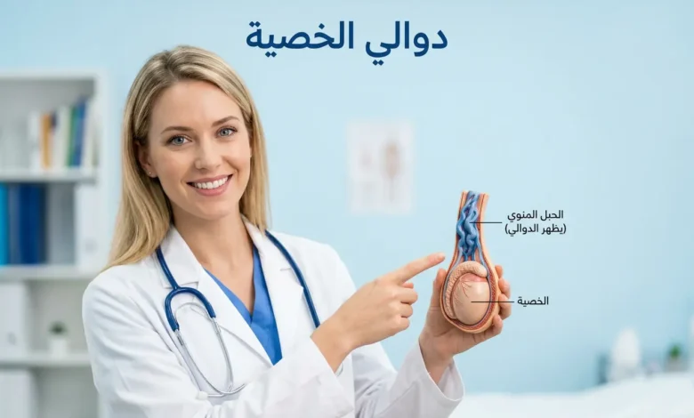 صورة غلاف مقالة دوالي الخصية تظهر طبيبة تحمل نموذجاً تشريحياً توضيحياً