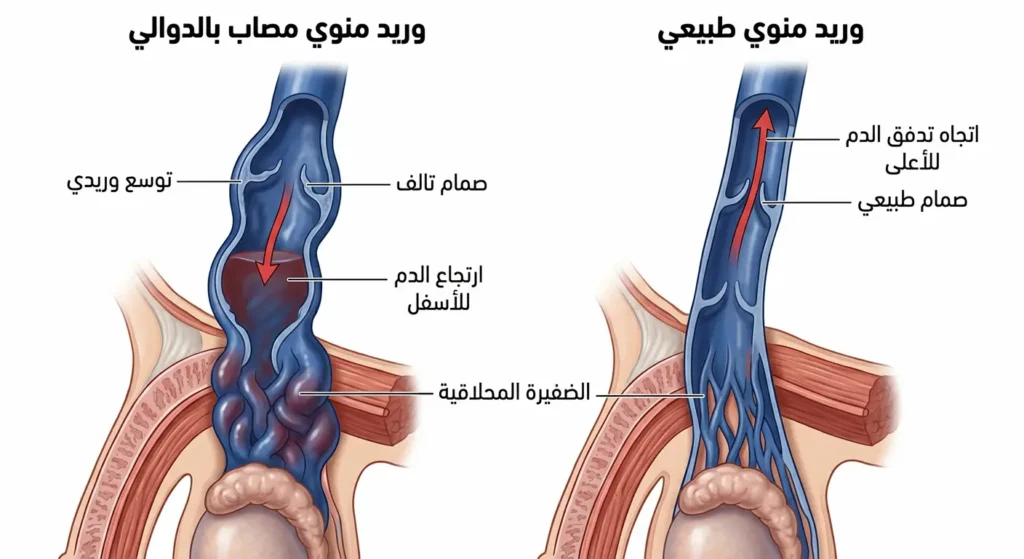  رسم تشريحي يقارن بين وريد منوي طبيعي بصمامات سليمة ووريد متوسع بصمامات تالفة تسبب ارتجاع الدم