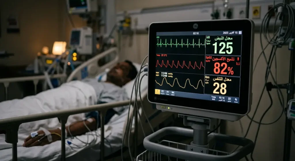  شاشة مراقبة طبية تُظهر انخفاض تشبع الأكسجين وارتفاع معدل النبض والتنفس كأعراض متلازمة مندلسون