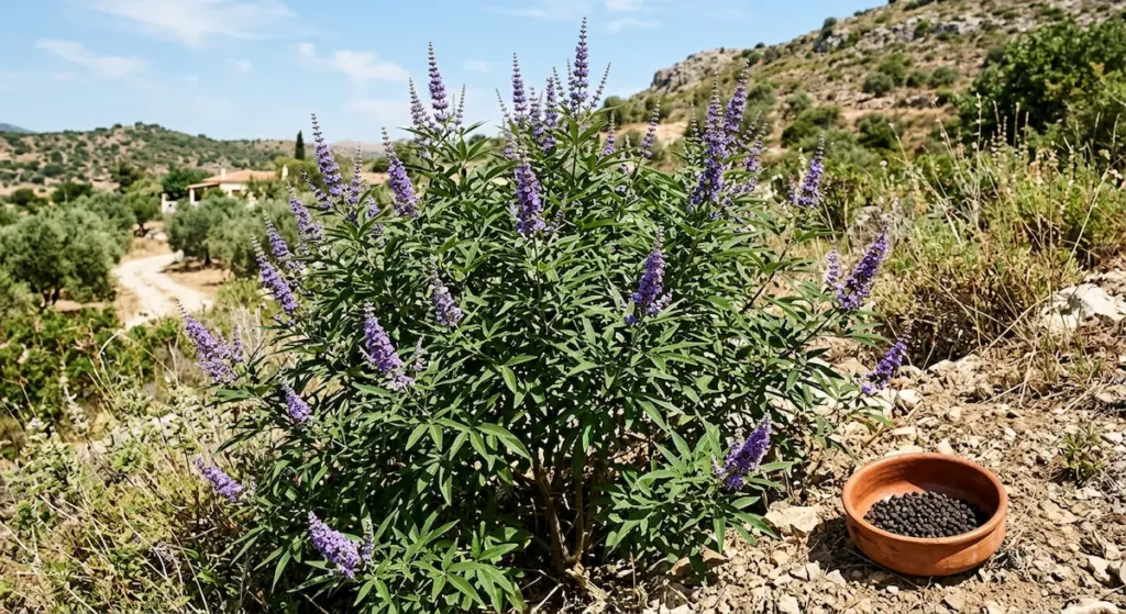  شجيرة كف مريم بأزهارها البنفسجية وأوراقها الإصبعية تنمو في بيئة متوسطية مع صحن فخاري يحتوي على ثمارها المجففة الداكنة