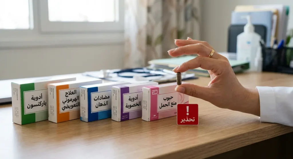  يد أنثوية تمسك كبسولة عشبية بجانب خمس علب دوائية تمثل الأدوية التي تتعارض مع عشبة كف مريم مع علامة تحذير