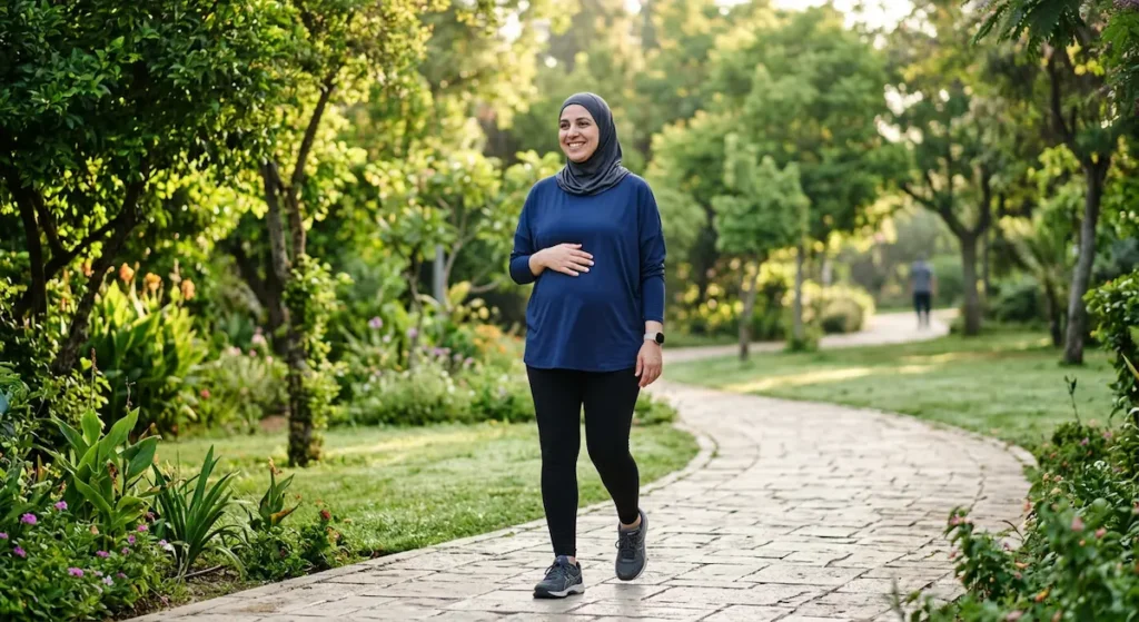 امرأة حامل عربية ترتدي ملابس رياضية تمشي في حديقة خضراء صباحاً كجزء من علاج سكري الحمل