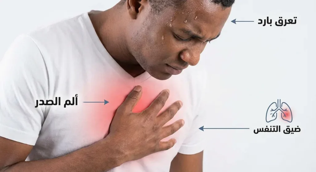 شخص يعاني من علامات تحذيرية تشمل ألم الصدر وضيق التنفس والتعرق البارد