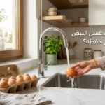 يد امرأة تغسل بيضة تحت صنبور ماء في مطبخ عربي حديث مع نص "هل يجب غسل البيض قبل حفظه؟