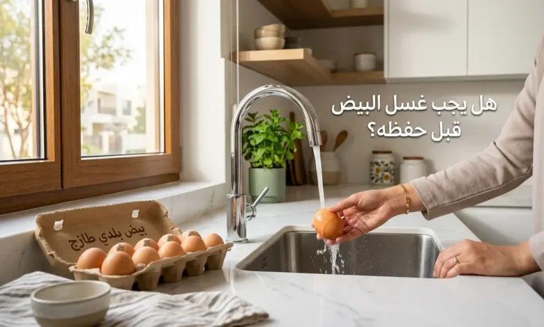 يد امرأة تغسل بيضة تحت صنبور ماء في مطبخ عربي حديث مع نص "هل يجب غسل البيض قبل حفظه؟