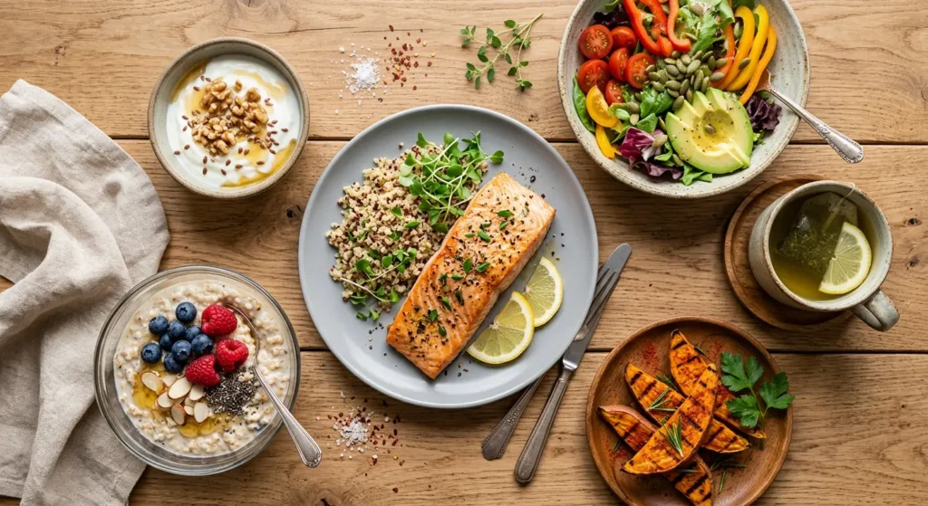 مجموعة متنوعة من الوجبات الصحية للبشرة تشمل السلمون والشوفان بالتوت والسلطة الملونة والشاي الأخضر والزبادي بالمكسرات