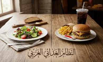صورة غلاف تُظهر المقارنة بين طعام النظام الغذائي الغربي غير الصحي وبين الطعام الطبيعي الصحي على طاولة واحدة