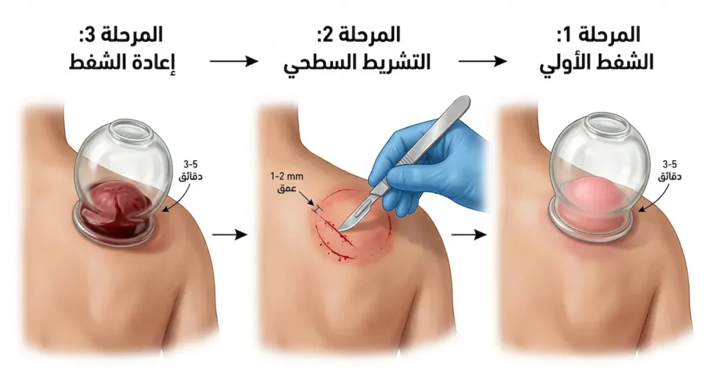 رسم توضيحي يوضح المراحل الثلاث لجلسة الحجامة الرطبة من وضع الأكواب إلى التشريط ثم إعادة الشفط
