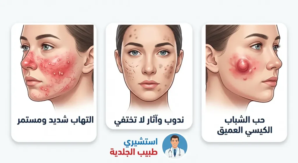صورة توضيحية تعرض ثلاث علامات تحذيرية تستوجب استشارة طبيب جلدية متخصص