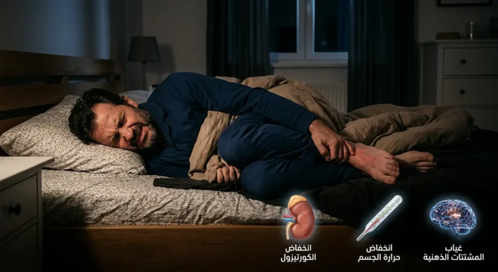 صورة توضيحية تُظهر شخصاً مستلقياً على سرير يعاني من ألم في قدمه ليلاً مع ثلاثة عوامل تفسر زيادة الألم وهي غياب المشتتات الذهنية وانخفاض حرارة الجسم وانخفاض الكورتيزول