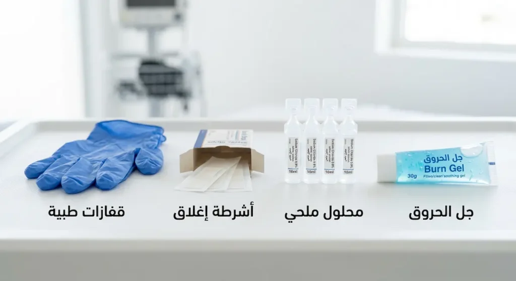 أربعة مستلزمات أساسية للعناية بالجروح والحروق تشمل جل الحروق والمحلول الملحي وأشرطة إغلاق الجروح والقفازات الطبية