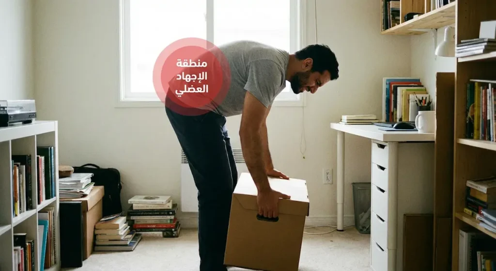  رجل يرفع صندوقاً ثقيلاً بطريقة خاطئة مع انحناء ظهره مما يسبب إجهاداً عضلياً