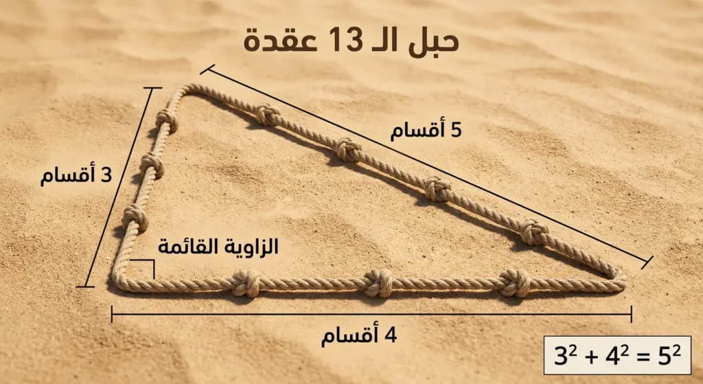 حبل الـ 13 عقدة يُشكّل مثلثاً قائم الزاوية بأضلاع 3 و4 و5 أقسام على أرض رملية