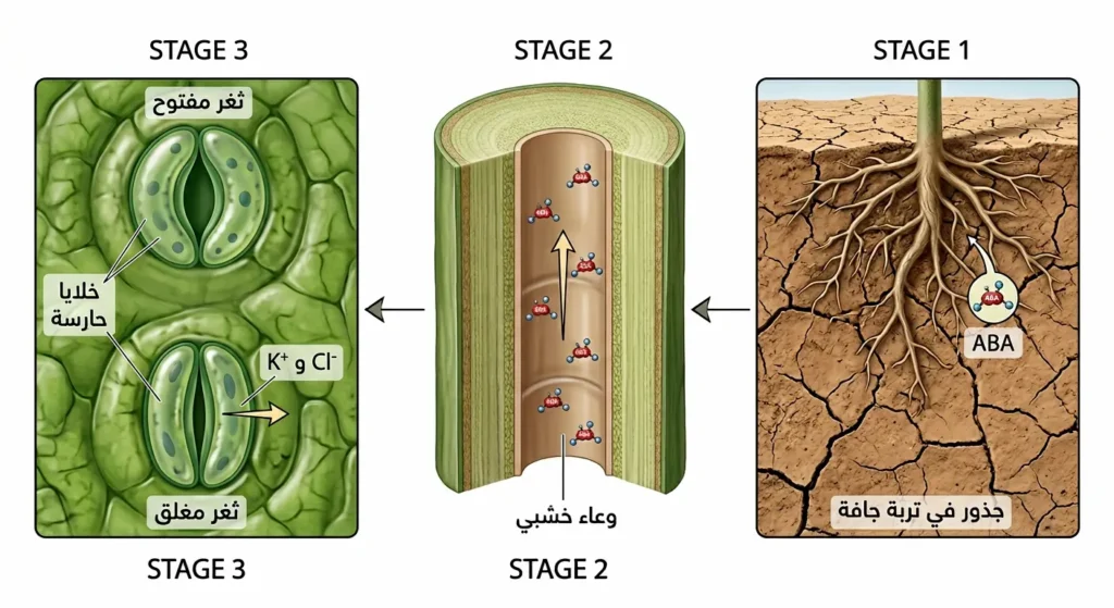 مخطط علمي واقعي يوضح آلية عمل هرمون حمض الأبسيسيك في إغلاق الثغور استجابة للجفاف من الجذور إلى الأوراق