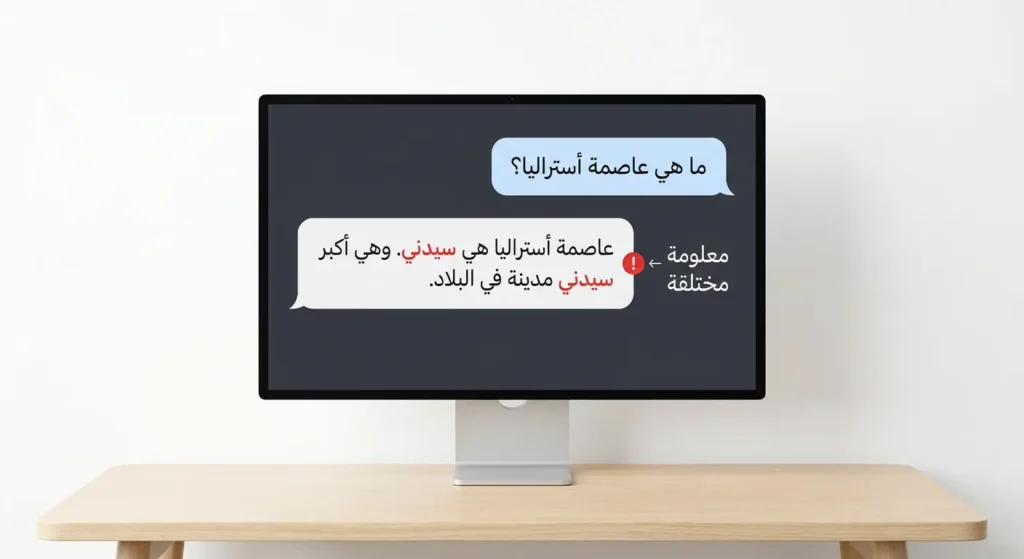 رسم توضيحي يُظهر شاشة حاسوب تعرض محادثة مع نموذج ذكاء اصطناعي تحتوي على معلومة مختلقة مشار إليها بعلامة تحذير