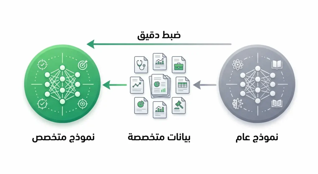  رسم توضيحي يُظهر تحول نموذج عام إلى نموذج متخصص من خلال عملية الضبط الدقيق باستخدام بيانات متخصصة
