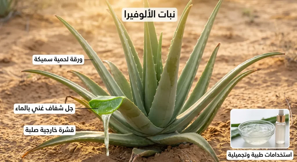 صورة واقعية لنبات ألوفيرا ناضج في بيئة شبه جافة تُظهر ورقة مقطوعة يسيل منها الجل الشفاف والقشرة الخارجية الصلبة واستخداماته الطبية والتجميلية