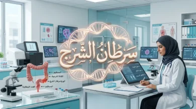 تصميم طبي احترافي يوضح الكلمة المفتاحية سرطان الشرج مع خلفية للحمض النووي.