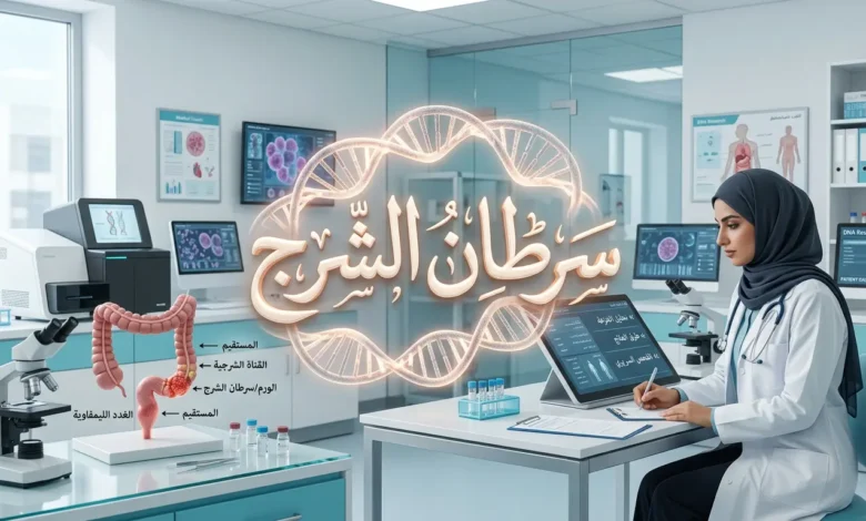 تصميم طبي احترافي يوضح الكلمة المفتاحية سرطان الشرج مع خلفية للحمض النووي.