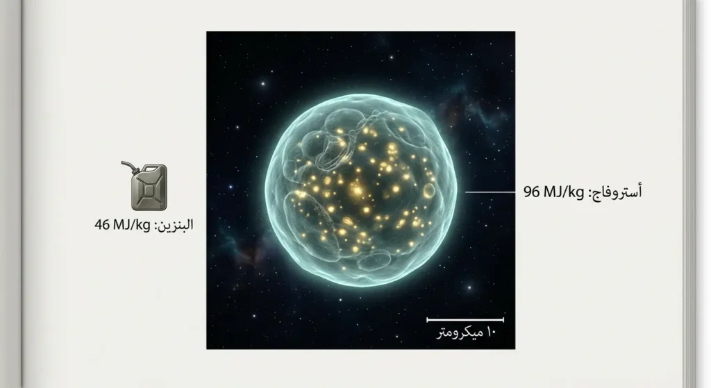 رسم توضيحي مجهري لميكروب أستروفاج الخيالي يُظهر بنيته المتوهجة وكثافة طاقته مقارنة بالبنزين