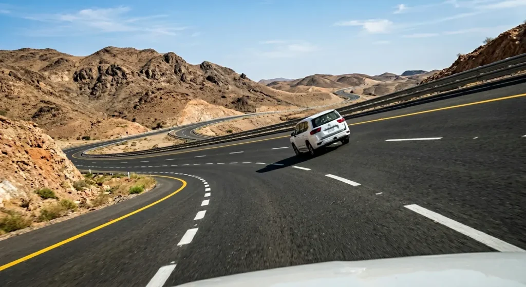 صورة واقعية لطريق سريع منحنٍ مائل بزاوية واضحة تُظهر تصميم ميلان الطريق لمنع انزلاق السيارات عند المنعطفات