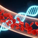 كريات دم حمراء سليمة تتدفق في وعاء دموي مع حلزون DNA متوهج يرمز لعلاج فقر الدم المنجلي بتحرير الجينات