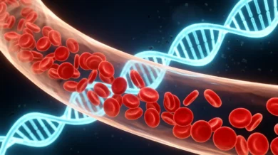 كريات دم حمراء سليمة تتدفق في وعاء دموي مع حلزون DNA متوهج يرمز لعلاج فقر الدم المنجلي بتحرير الجينات