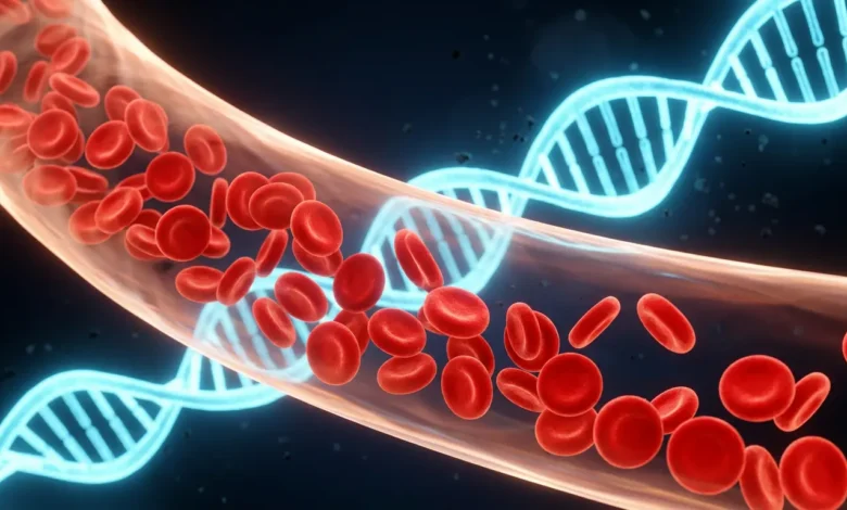 كريات دم حمراء سليمة تتدفق في وعاء دموي مع حلزون DNA متوهج يرمز لعلاج فقر الدم المنجلي بتحرير الجينات