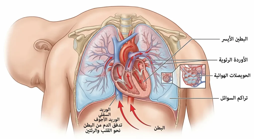 رسم تشريحي يوضح تراكم السوائل في الرئتين عند الانحناء بسبب ضعف ضخ القلب