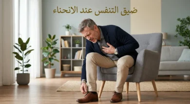 رجل في منتصف العمر ينحني لربط حذائه ويضع يده على صدره بسبب ضيق التنفس المفاجئ