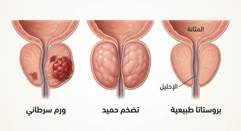  مقارنة بصرية بين البروستاتا الطبيعية والتضخم الحميد والورم السرطاني