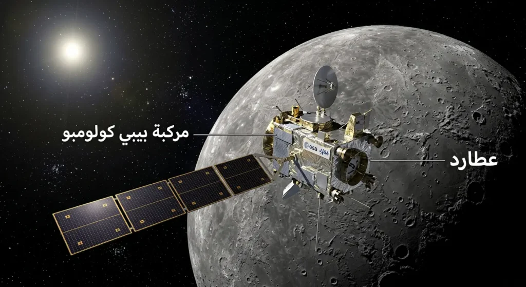 صورة واقعية لمركبة بيبي كولومبو الفضائية وهي تُحلّق قرب كوكب عطارد مع ألواحها الشمسية الممتدة وتسميات عربية
