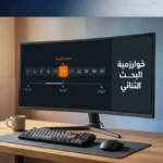 غلاف مقال خوارزمية البحث الثنائي يعرض شاشة حاسوب تظهر عليها مصفوفة أرقام مرتبة مع تمييز العنصر الأوسط