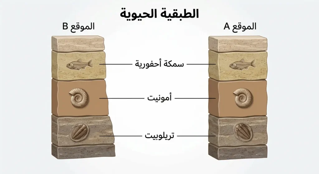 رسم توضيحي لمفهوم الطبقية الحيوية يُظهر عمودين طبقيين من موقعين مختلفين تتطابق طبقاتهما بناءً على الأحافير الدالة المشتركة مثل التريلوبيت والأمونيت