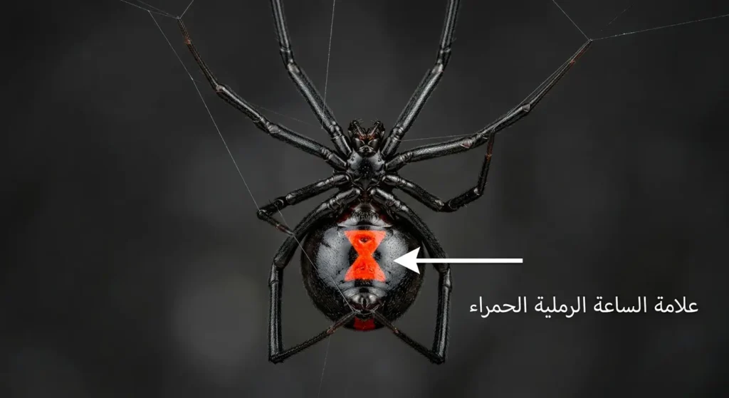 صورة علمية واقعية لأنثى الأرملة السوداء من الأسفل تُظهر علامة الساعة الرملية الحمراء المميزة