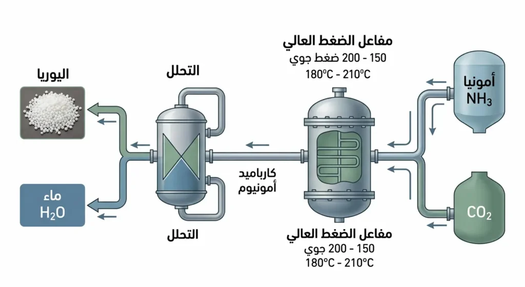 رسم تخطيطي يوضح مراحل تصنيع اليوريا الصناعية بعملية بوش-ميسر من تفاعل الأمونيا وثاني أكسيد الكربون تحت ضغط وحرارة عاليين