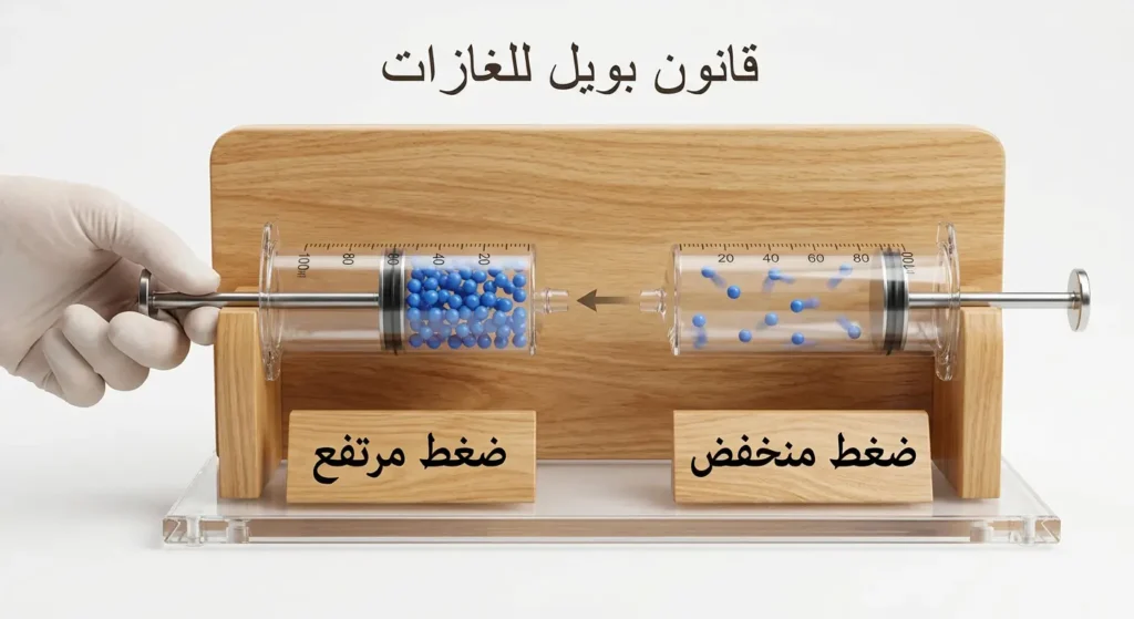 تمثيل واقعي لقانون بويل يُظهر انخفاض حجم الغاز عند زيادة الضغط عليه