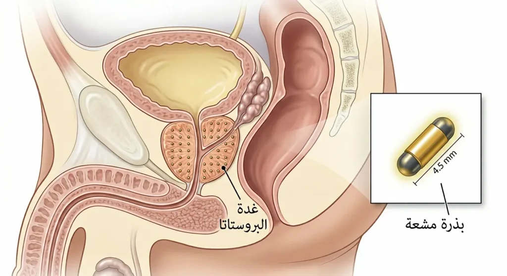  رسم توضيحي للعلاج الإشعاعي الداخلي يُظهر بذوراً مشعة مزروعة داخل نسيج البروستاتا